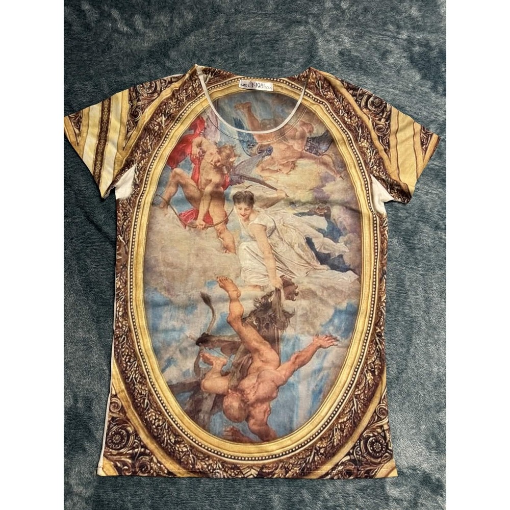 LY-1981 Womens Renaissance Art Cherub Graphic T-Shirt Slim Fit Cream Multicolor